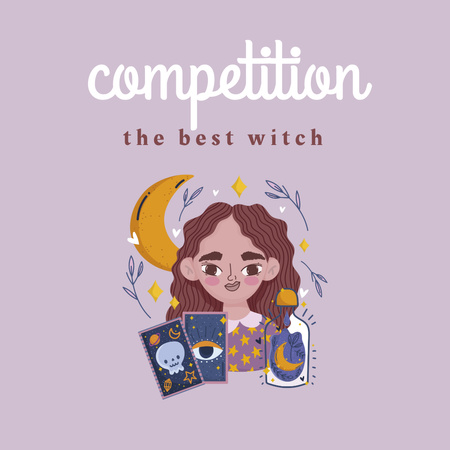 Illustration of Cute Witch with Tarot Cards Instagram Design Template