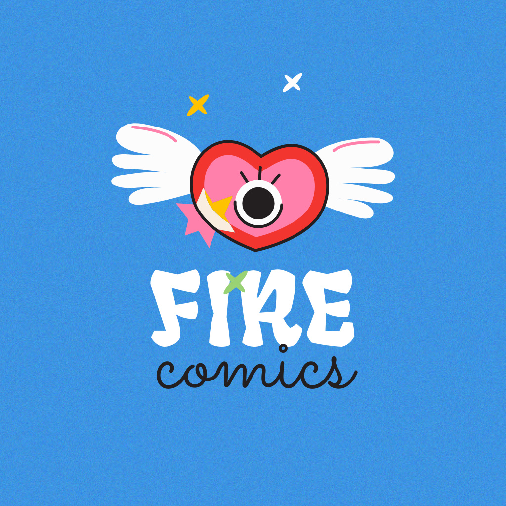 Comics Store Emblem with Funny Winged Heart Logo Šablona návrhu