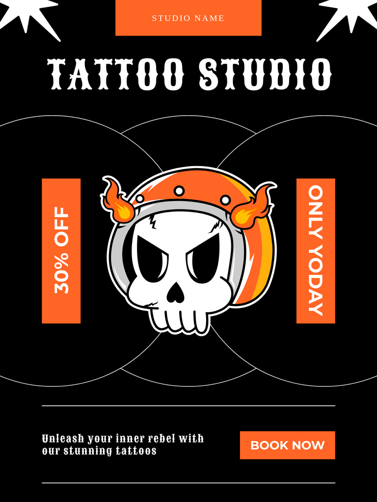 Skull In Helmet And Tattoo Studio Service With Discount Offer Poster US Design Template