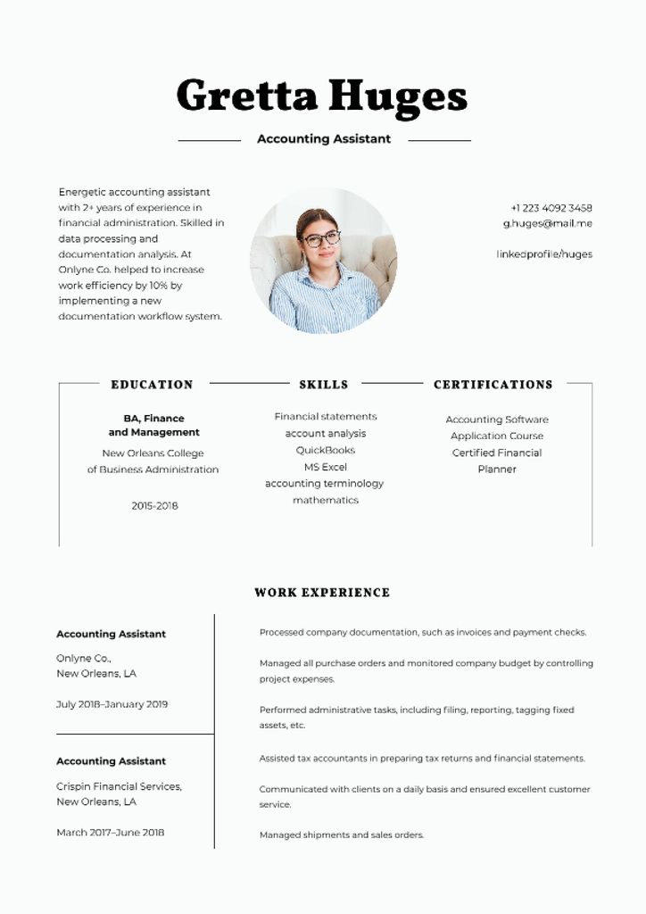 Platilla de diseño Accounting Assistant skills and experience Resume