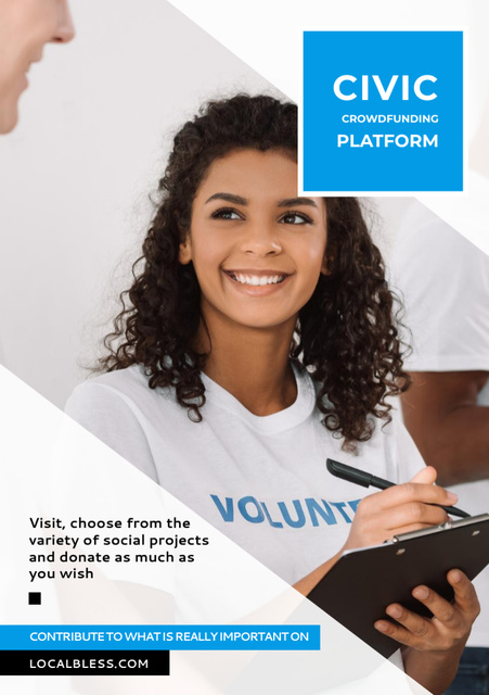 Crowdfunding Platform with Smiling Volunteer Flyer A5 tervezősablon
