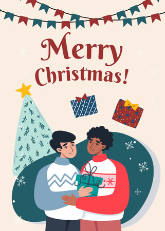 Gay Couple Celebrating Christmas Holiday Postcard 5x7in Vertical Design Template