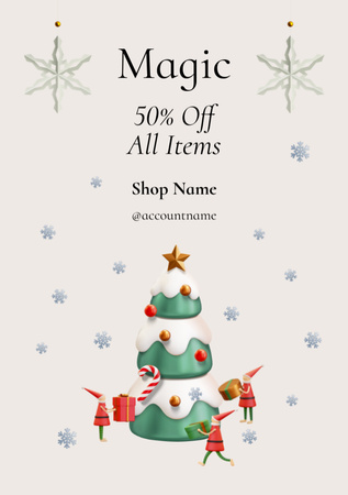 Magic Christmas Sale Ad with 3d Tree and Presents Postcard A5 Vertical Design Template