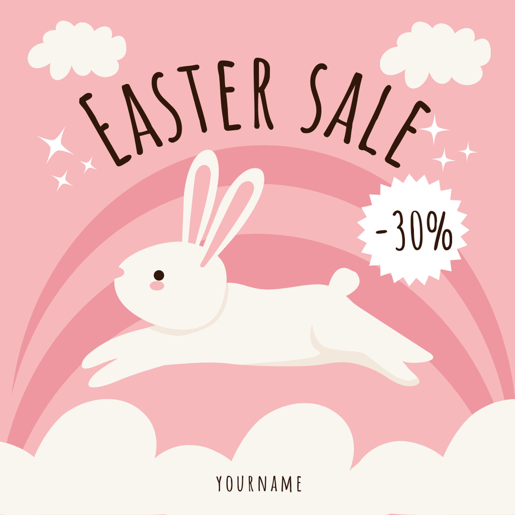 Easter Discount Offer with Cute Rabbit and White Clouds Instagram Design Template