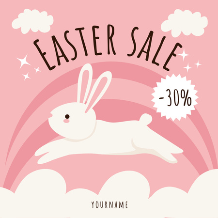 Modèle de visuel Offre de réduction de Pâques avec un joli lapin et des nuages blancs - Instagram