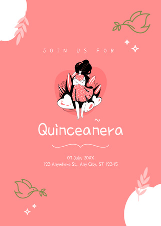 Template di design Bellissimo annuncio della celebrazione della Quinceañera a luglio con illustrazione Postcard 5x7in Vertical