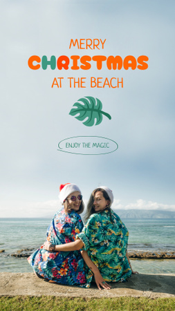 Platilla de diseño Girls celebrating Christmas in Tropical Shirts on Beach Instagram Story
