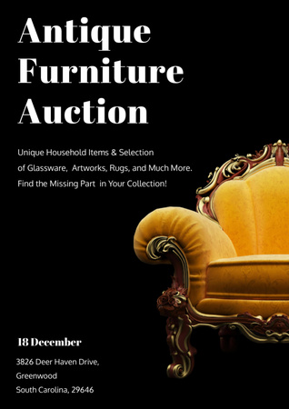Antique Furniture Auction Luxury Yellow Armchair Flyer A4 Design Template