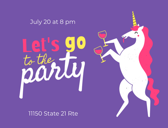 Party Announcement with Illustration of Unicorn With Wineglasses Postcard 4.2x5.5in Modelo de Design