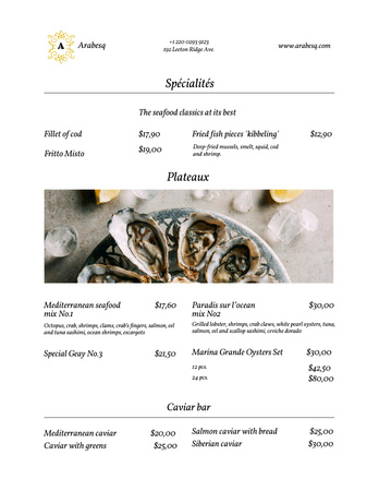 Seafood Restaurant Promotion with Oysters and Lemon Menu 8.5x11in Design Template