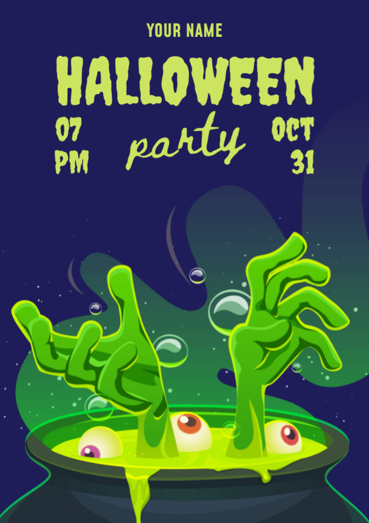Ontwerpsjabloon van Flyer A4 van Halloween Party Announcement with Potion in Cauldron