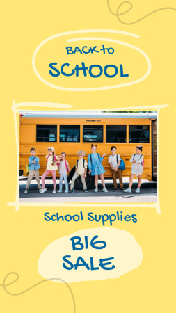 Plantilla de diseño de gran venta con escolares felices en el fondo del autobús escolar Instagram Video Story 
