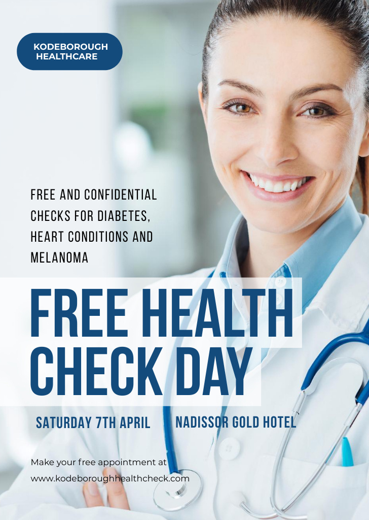 Free Health Check Day Offer with Friendly Doctor Flyer A6 Design Template