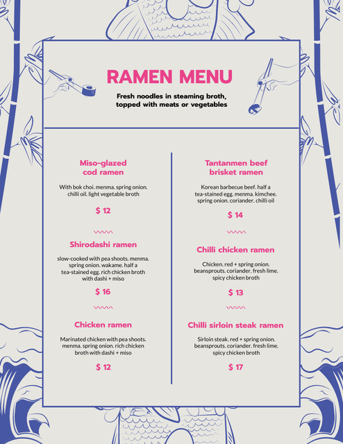 Ramen Restaurant Noodles List With Illustration Menu 8.5x11in Design Template