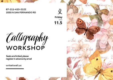 Modèle de visuel Calligraphy Workshop Announcement with Watercolor Flowers - Flyer A6 Horizontal