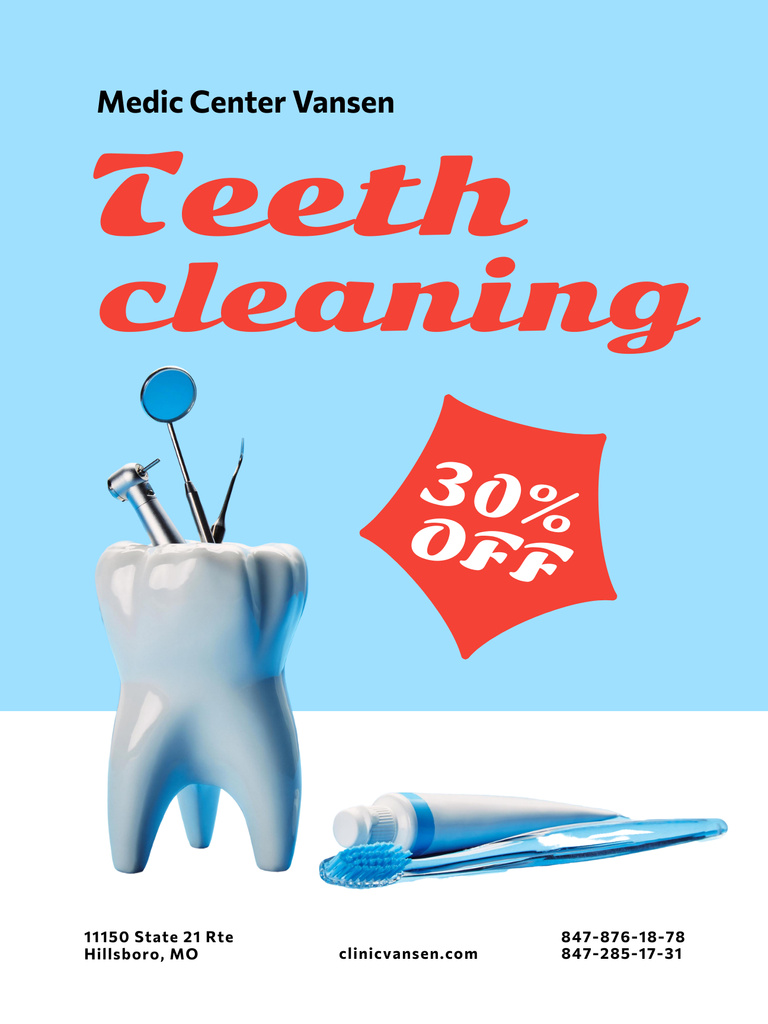 Professional Teeth Cleaning Discount on Blue Poster US Πρότυπο σχεδίασης