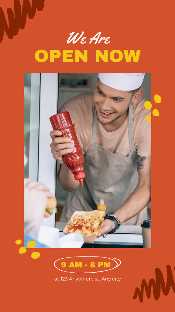 Designvorlage Street Food Ad with Cook adding Sauce für Instagram Story