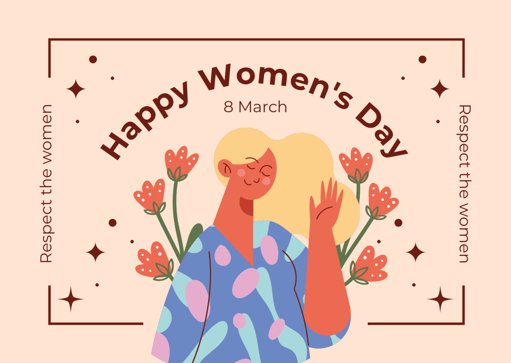 International Women's Day with Illustration of Cute Woman and Flowers Card Tasarım Şablonu