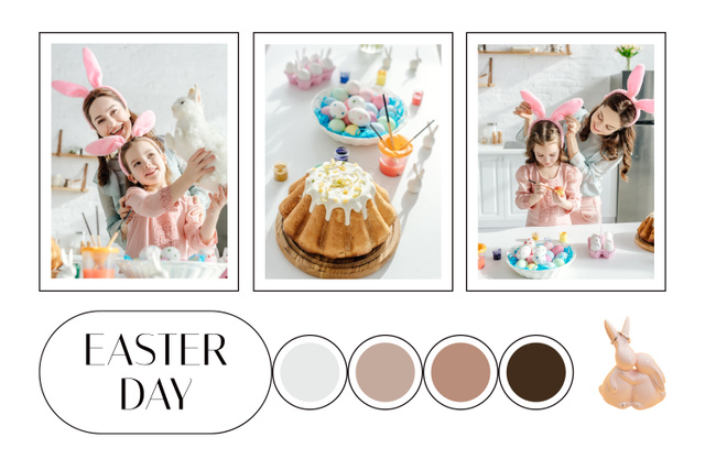 Collage of Happy Mother and Daughter Preparing for Easter Mood Board Tasarım Şablonu