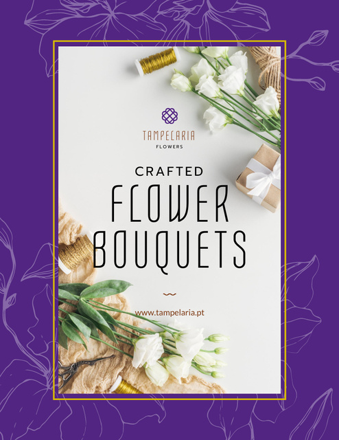 Florist Services Ad with White Flowers in Purple Frame Flyer 8.5x11in – шаблон для дизайна
