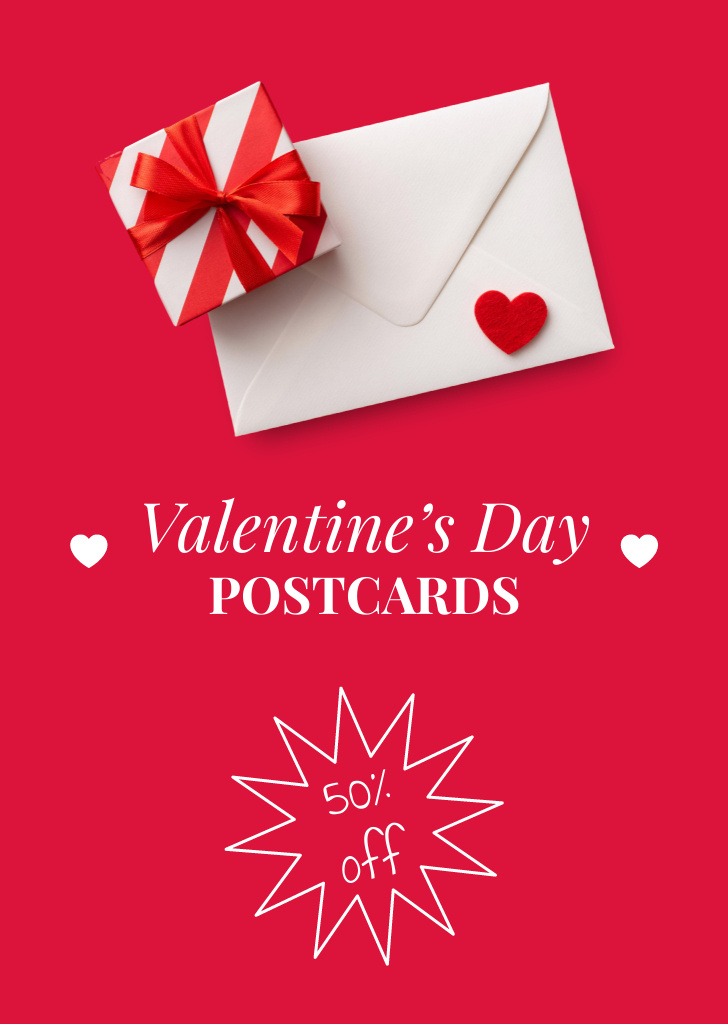 Valentine's Day Envelope And Present With Discount Postcard A6 Vertical Πρότυπο σχεδίασης