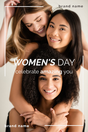 Hymyileviä kauniita ja erilaisia naisia kansainvälisenä naistenpäivänä Pinterest Design Template