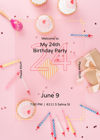 Syntymäpäivän juhlailmoitus vaaleanpunaisella värillä Postcard 5x7in Vertical Design Template