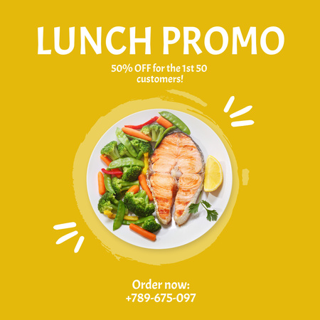 Lunch Promo with Fish Steak and Vegetables Instagram Design Template