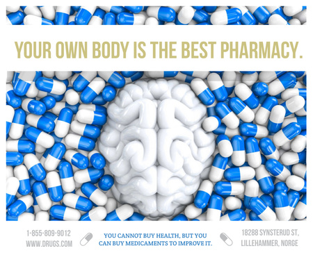 Pharmacy advertisement with brain and pills Facebook Design Template