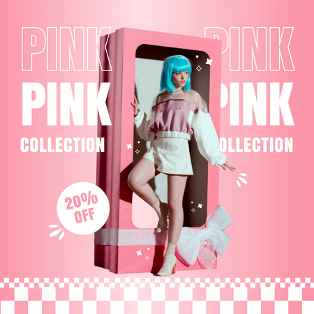 Ontwerpsjabloon van Instagram AD van poppen-achtige vrouw in doos voor roze fashion collection