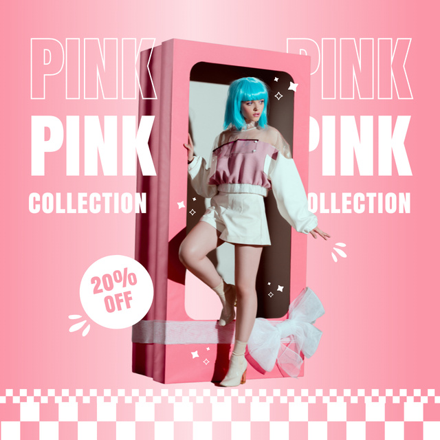 Modèle de visuel Doll-Like Woman in Box for Pink Fashion Collection - Instagram AD