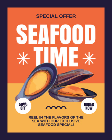 Plantilla de diseño de Anuncio de Seafood Time con ostras frescas Instagram Post Vertical 