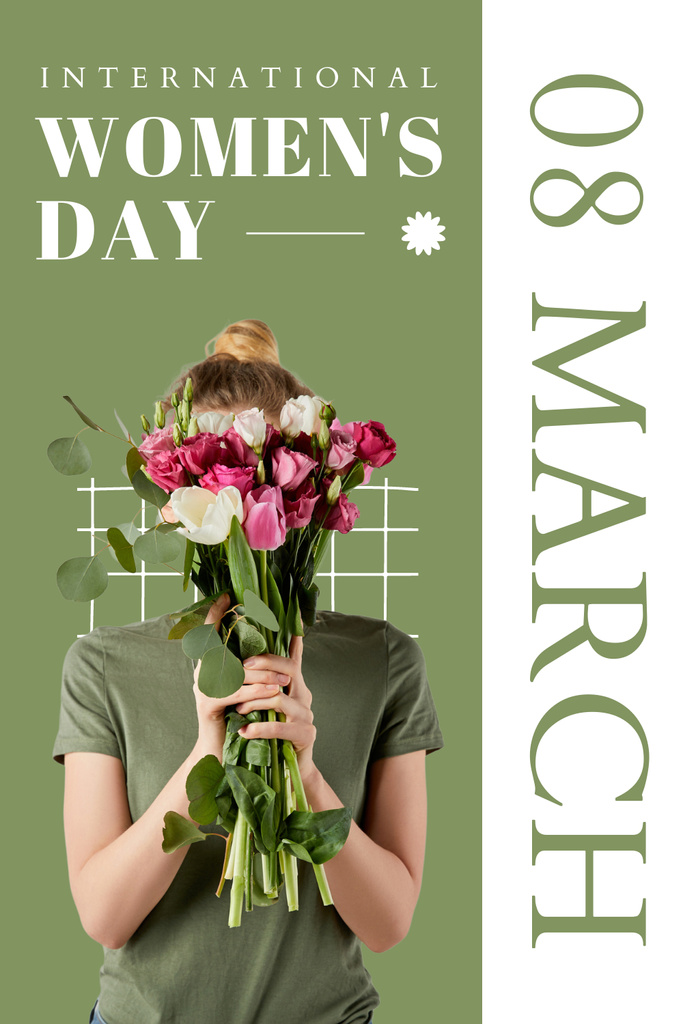 Woman with Beautiful Flowers Bouquet on International Women's Day Pinterest tervezősablon