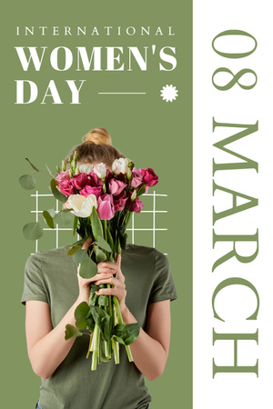 Ontwerpsjabloon van Pinterest van Vrouw met mooi bloemenboeket op internationale vrouwendag