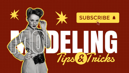 Designvorlage Tipps und Tricks zum Modeln mit einer Frau im Vintage-Outfit für Youtube Thumbnail