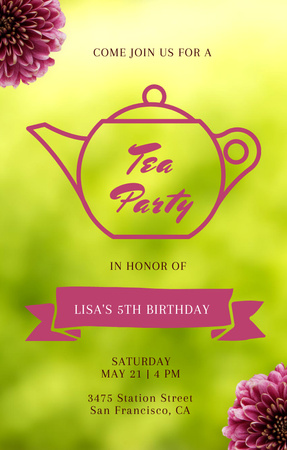 Объявление о чаепитии по случаю дня рождения с зелеными цветами Invitation 4.6x7.2in – шаблон для дизайна