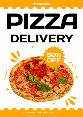Designvorlage Discount on Delivery of Appetizing Pizza with Tomatoes and Basil für Flayer