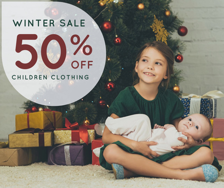 Winter Sale Announcement with Child under Tree Facebook Design Template
