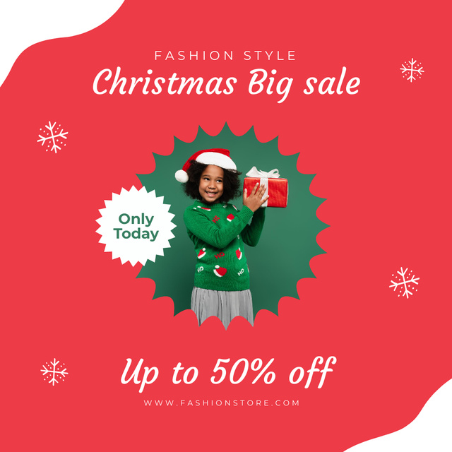 Christmas Sale Announcement with Girl holding Gift Instagram Design Template