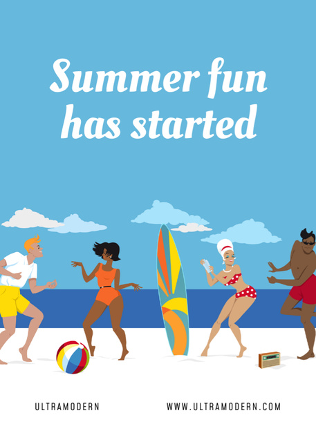 Designvorlage People Having Fun On Beach And Quote About Summer Beginning für Postcard 5x7in Vertical
