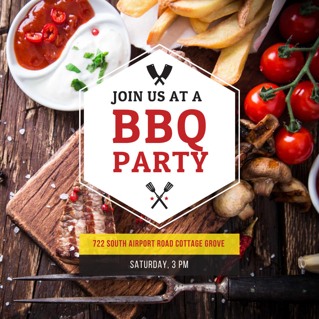 BBQ Party Invitation with Grilled Steak Instagram AD Tasarım Şablonu
