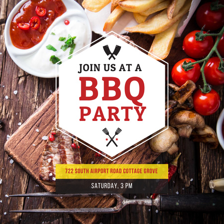 BBQ Party Invitation with Grilled Steak Instagram AD Design Template