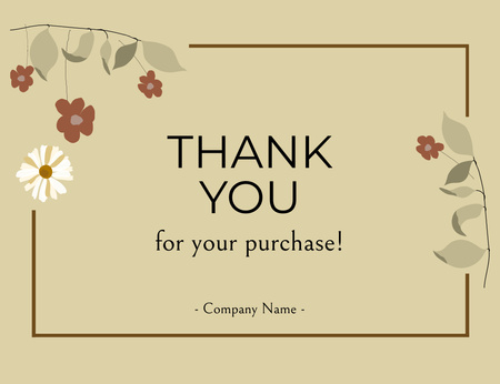 Thank You for Purchase Text with Flower Twigs on Beige Thank You Card 5.5x4in Horizontal Design Template