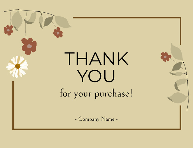 Thank You for Purchase Text with Flower Twigs on Beige Thank You Card 5.5x4in Horizontal Modelo de Design