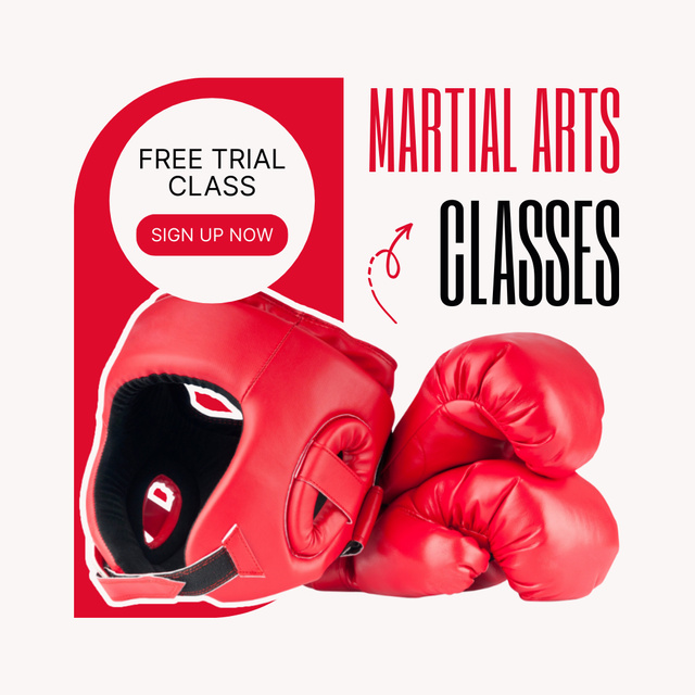 Martial Arts Classes Promo with Helmet and Gloves Instagram AD tervezősablon