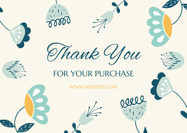 Thank You For Your Purchase Message with Abstract Blue Flowers Card Design Template
