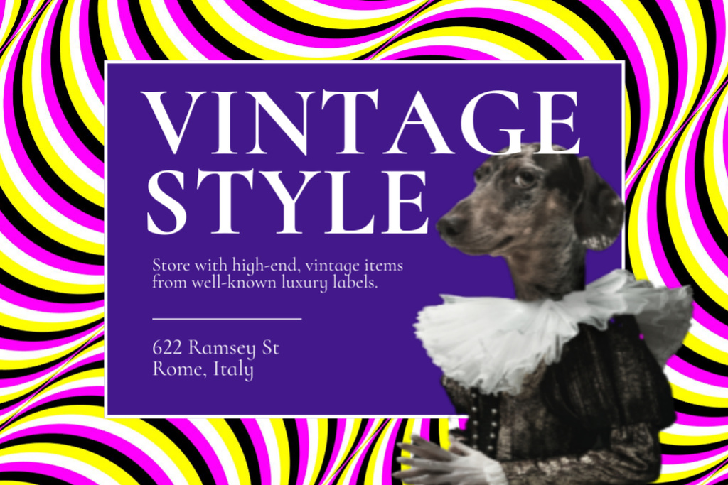 Szablon projektu Funny Dog in Retro Costume with Bright Pattern Postcard 4x6in