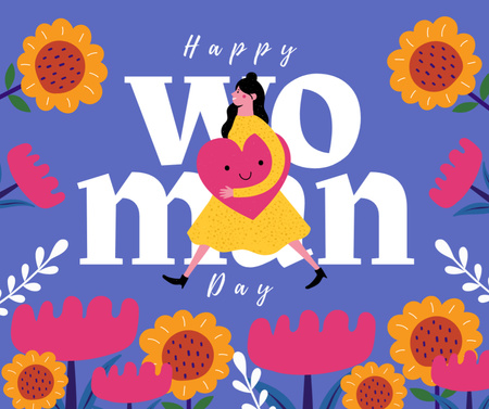 Woman with Heart and Flowers on International Women's Day Facebook Design Template