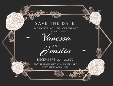 Wedding Event Announcement With Roses In Black Postcard 4.2x5.5in Design Template