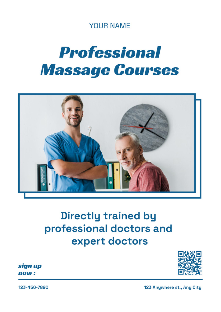 Professional Massage Courses Ad with Rehabilitation Therapist and Patient Posterデザインテンプレート